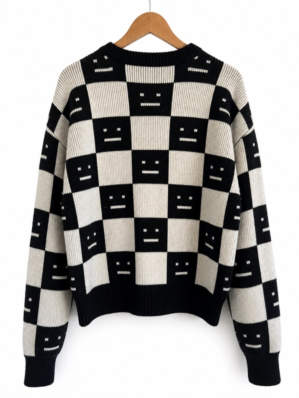 Acne Studios Face Checkerboard Wool Sweater Black‎ Oatmeal Beige XS - Picture 2 of 9